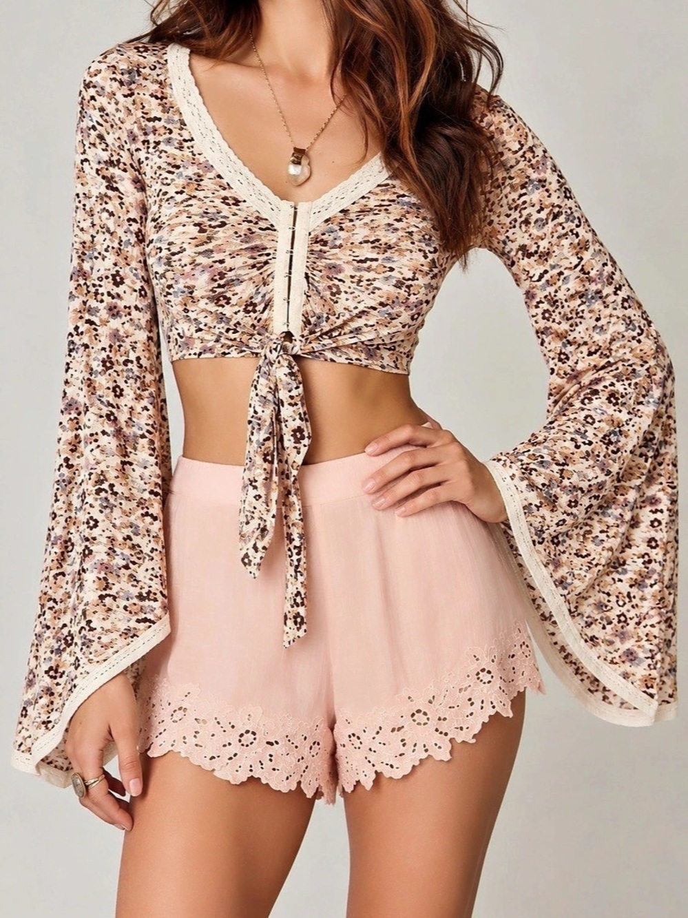 Free People Floral Bell Sleeve Crop Top Lace Tie Front Boho Y2K Fairycore Whimsy
